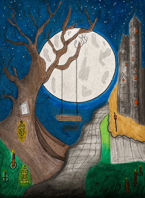 A hand-drawn illustration of a nighttime scene with a large full moon behind a bare tree holding a swing, alongside a gray castle with lit windows and hanging lanterns.