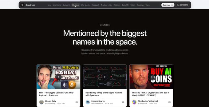 A webpage screenshot for 'Spectre AI' with the headline 'Mentioned by the biggest names in the space,' featuring YouTube thumbnails from Altcoin Daily, Income Sharks, and Alex Becker's Channel.