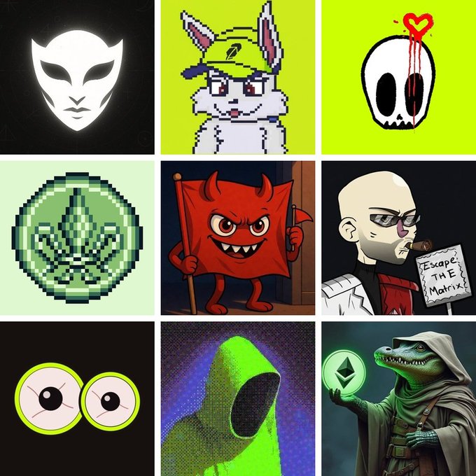 A 3x3 grid of nine digital art/character illustrations similar to Image 3, featuring a glowing mask, a pixel fox, a red devil character, an Ethereum logo, and various other meme-style images.