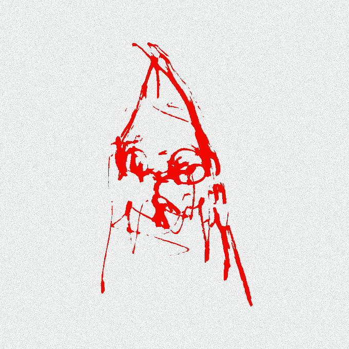 A red sketch of a hooded, grimacing figure with glasses on a light gray background.