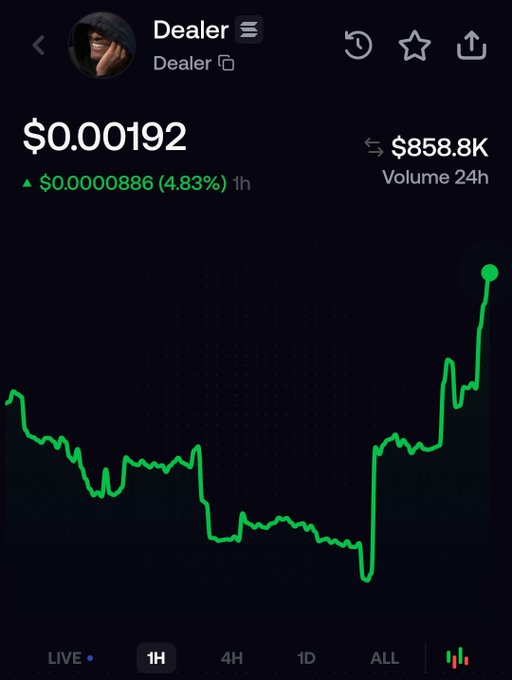 The image shows a cryptocurrency price chart for "$Dealer" at $0.00192, up 4.83% ($0.0000886) in the past hour with a 24-hour trading volume of $858.8K, displaying a dramatic upward spike on the 1-hour timeframe. This chart visually supports the post's bullish claim about $Dealer being poised to "fly fucking high" and become the next "100M runner" in Ansem's memecoin meta, illustrating the recent price pump as evidence of growing momentum.