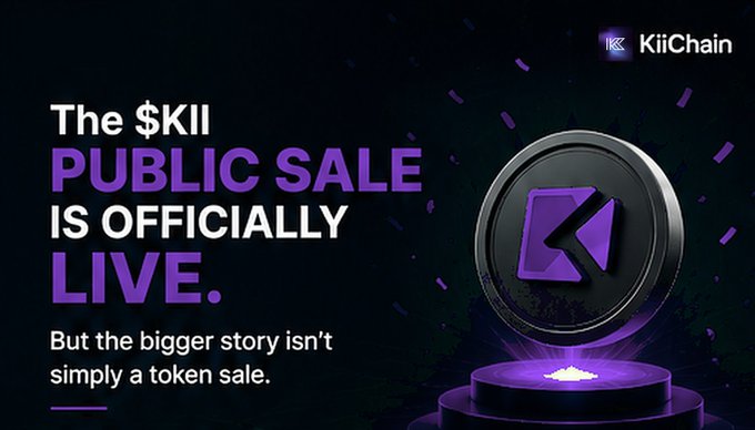 A promotional graphic for KiiChain announces 'The $KII PUBLIC SALE IS OFFICIALLY LIVE.' featuring a large purple and black coin with the K logo.