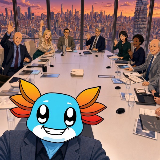 An AI-generated boardroom scene with cartoon businesspeople waving, featuring an anime-style axolotl character in a suit in the foreground.