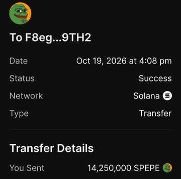 A dark crypto transaction receipt for “To F8eg...9TH2,” showing “Oct 19, 2026 at 4:08 pm,” “Status Success,” “Network Solana,” “Type Transfer,” and “You Sent 14,250,000 SPEPE.”