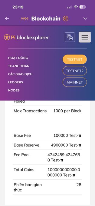 A mobile screenshot of the Pi Blockchain explorer in Vietnamese, showing options for Testnet, Testnet2, and Mainnet, with base fee 100000 Test-π and total coins 10,000,000,000,000 Test-π.