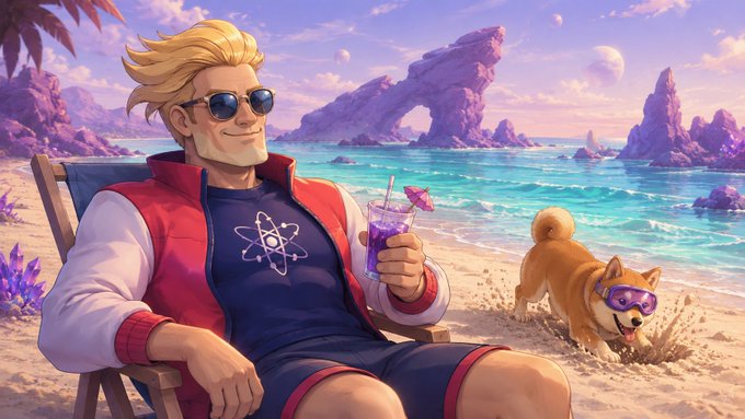 A blonde scientist in sunglasses relaxes on a beach chair sipping a purple drink, with his Shiba Inu companion playfully wearing goggles and a small atom symbol on his shirt, perfectly matching the "Happy Friday, scientists!" weekend vibes.