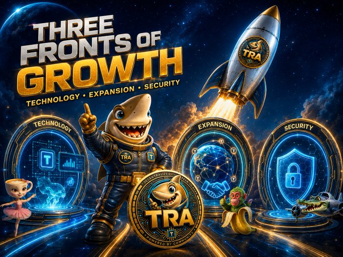 A promotional banner titled 'THREE FRONTS OF GROWTH' for a crypto token 'TRA' featuring a cartoon shark mascot in an astronaut suit, a rocket, and pillars representing Technology, Expansion, and Security.