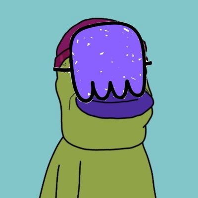 A cartoon drawing of a green character wearing a purple baseball cap with a glossy, drooping visor, set against a teal background.