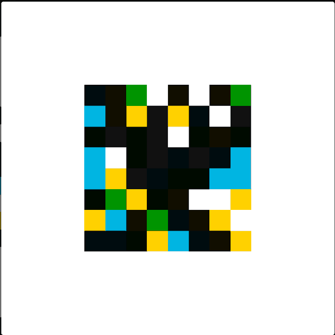 An abstract pixelated square design featuring a checkerboard-like pattern of black, yellow, green, blue, and white squares.