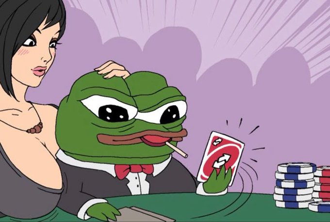 An illustration in the style of "Pepe the Frog" depicts the meme character dressed as a dealer with a bow tie, smoking a cigarette while holding a playing card at a casino table stacked with chips, accompanied by an anime-style woman.