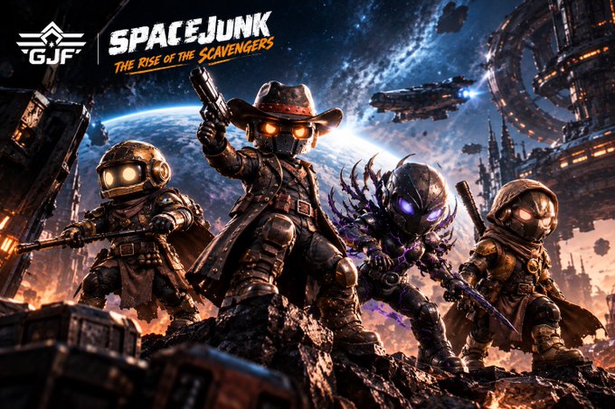 Promotional artwork for the video game 'SPACEJUNK: The Rise of the Scavengers' by GJF, showing four armed characters in post-apocalyptic gear including a cowboy-hat-wearing figure with glowing orange eyes, set against a space battle backdrop.