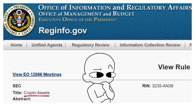 A screenshot of the Reginfo.gov website (Office of Information and Regulatory Affairs) showing a rule with RIN 3235-AN38 titled 'Crypto Assets' from the SEC, featuring a cartoon meme character thinking.