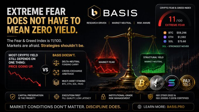 A Basis crypto advertisement displays that the Fear & Greed Index is at 11/100 ("Extreme Fear"), with BTC at $59,296, ETH at $1,592, and SOL at $75.68, contrasting "Market Fear" with the platform's "Market Neutral" strategies like delta-neutral funding carry, cross-exchange arbitrage, and multi-asset staking. The image directly supports the post's message about Basis Pro offering a disciplined, market-condition-independent approach through structural yield strategies instead of relying on price appreciation.