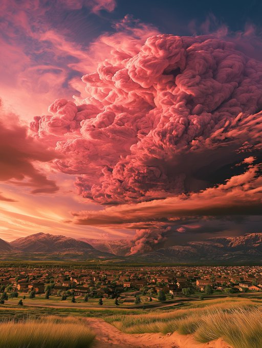 A massive, billowing pink cumulus cloud dominates the sky over a small town nestled in a green valley, its dramatic, smoke-like formation illuminated by golden sunset light. The surreal scale and apocalyptic aesthetic of the towering cloud pairs well with the "Share your 1/1" post, suggesting a one-of-a-kind NFT artwork meant to evoke awe and rarity.
