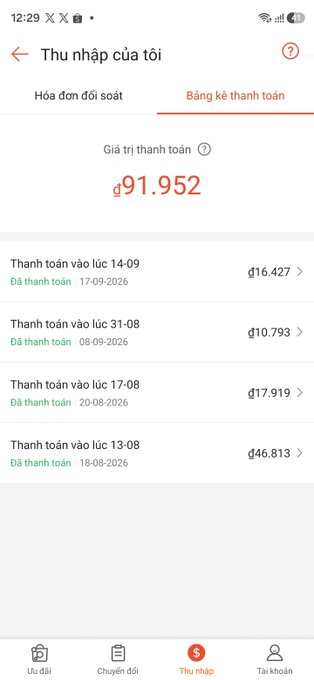 A Vietnamese-language mobile app screenshot showing the 'Thu nhập của tôi' (My Income) page with a payout value of ₫91.952 and a list of four completed payout transactions totaling various amounts including ₫16.427, ₫10.793, ₫17.919, and ₫46.813.