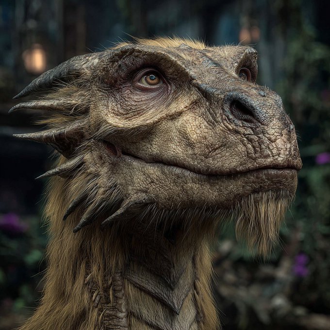 A detailed, close-up digital rendering of a dragon or reptilian creature with scaly skin, horns, amber eyes, and a thick mane of hair.