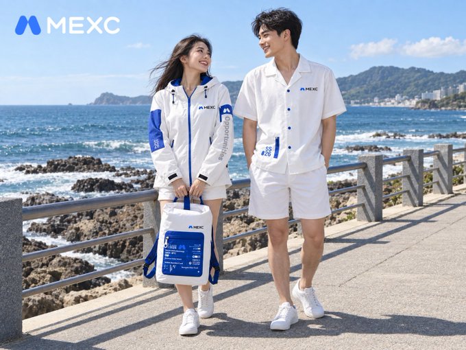 A promotional image for MEXC featuring a young couple in white and blue MEXC-branded apparel walking along a coastal path by the ocean.