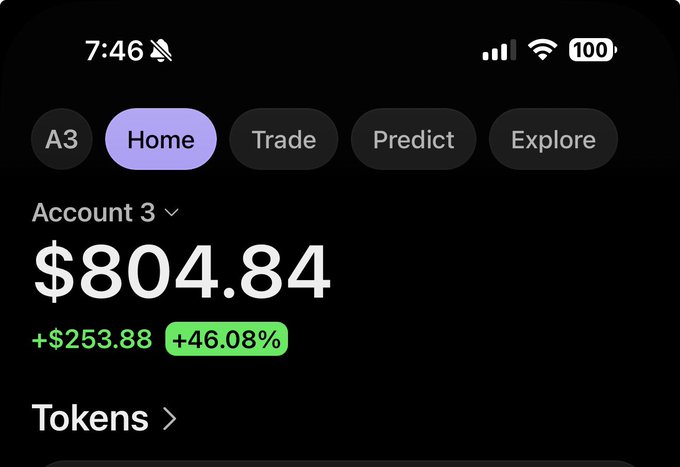 A mobile screenshot of a trading app showing Account 3 with a balance of $804.84, up $253.88 or +46.08%, supporting the post's humble claim of not trying hard.