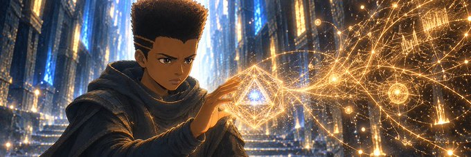 An animated image of a character with short dark hair in dark robes channeling magical golden energy through a glowing geometric symbol in an ornate, glowing chamber.