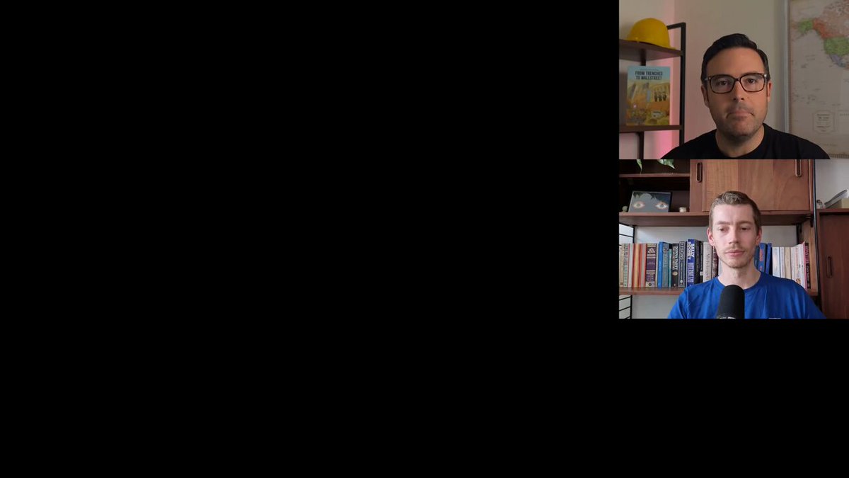 The image features two men sitting next to each other in front of a computer screen displaying an online video call with their respective bookcases visible in the background, indicating that they might be discussing or sharing information about their bookshelves during the conversation. The text from the image includes mentions of online banking apps and the stock exchange, which suggests that the people on the call could be discussing financial topics related to these areas. Additionally, there is a caption about Honorable mentions from this week's recap, which indicates an ongoing conversation or event involving book-related discussions.