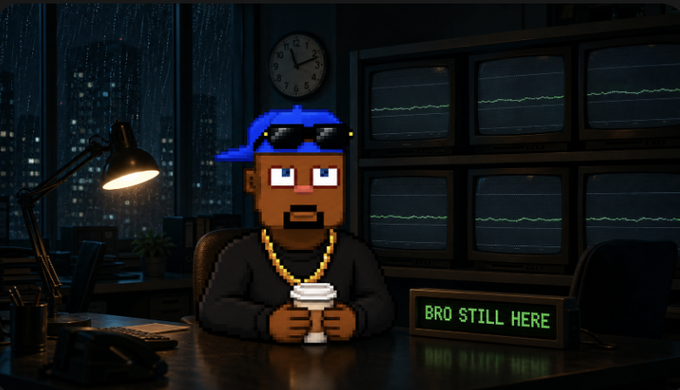 A pixel art character wearing a blue cap and gold chain sits in a dark control room filled with monitors, holding a coffee cup next to a sign that reads "BRO STILL HERE."