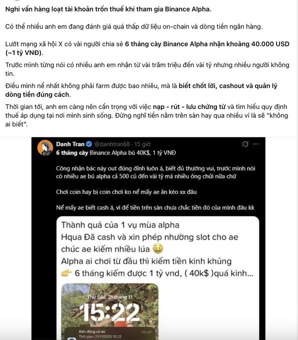 The image shows a Vietnamese-language Facebook post alleging that some participants in Binance Alpha are evading taxes, referencing a screenshot of a tweet by @danhhtran68 (Danh Tran) claiming to have made 1 billion VND (~$40,000 USD) in 6 months on Binance Alpha, dated Friday, November 21, 15:22. The accompanying caption questions the timestamp shown on the screenshot as outdated, suggesting the poster acted hastily in sharing misleading information.