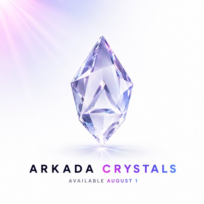 Promotional graphic for 'Arkada Crystals' featuring a glowing diamond/crystal shape, with text announcing availability on August 1.