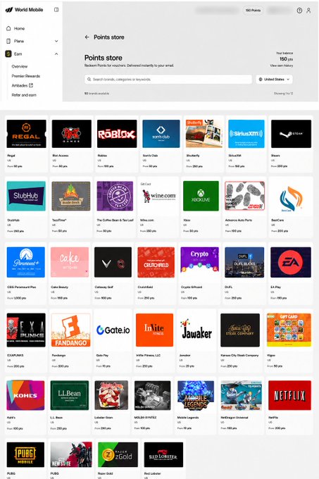 A World Mobile points store webpage showing a 150-point balance and a grid of brand reward options including Roblox, Xbox, Netflix, PUBG, and others ranging from 100-330 points.