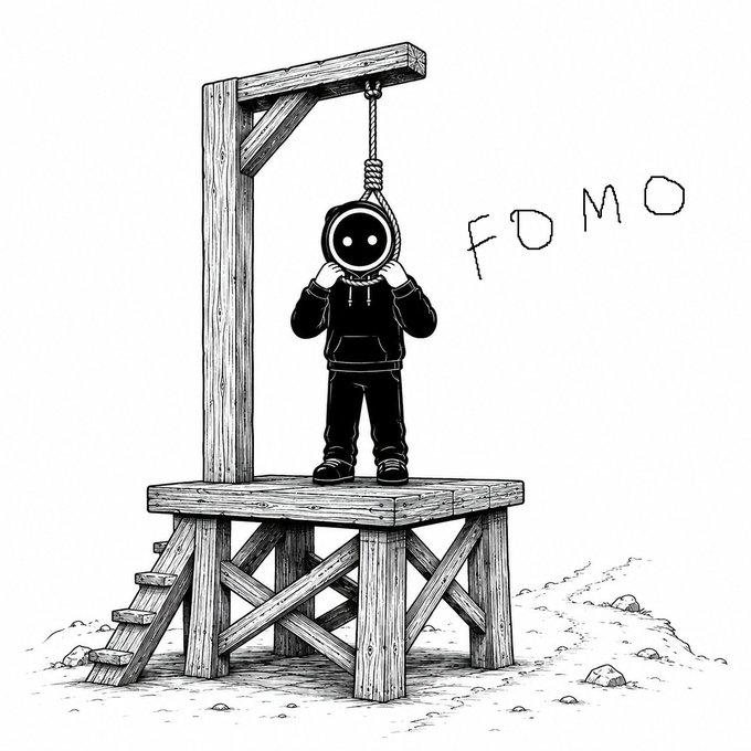 A black and white line drawing of a hooded figure with a smiley face standing on a wooden platform/gallows with a noose around their neck, alongside the handwritten word 'FOMO'.