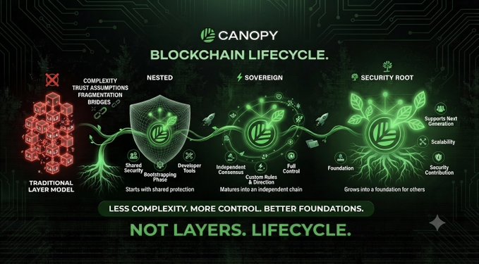 A Canopy blockchain lifecycle infographic showing progression from Traditional Layer Model through Nested, Sovereign, and Security Root stages, with the tagline 'NOT LAYERS. LIFECYCLE.' and 'LESS COMPLEXITY. MORE CONTROL. BETTER FOUNDATIONS.'