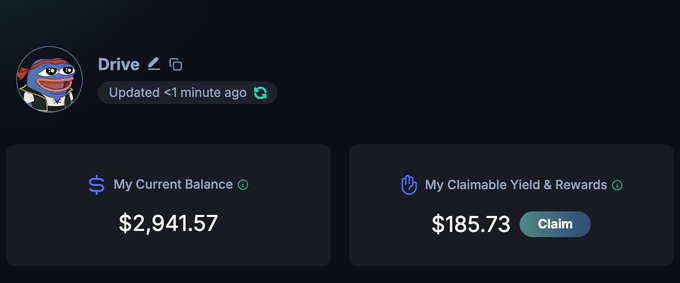A screenshot of a cryptocurrency wallet interface showing a balance of $2,941.57 and claimable rewards of $185.73, with a Pepe the Frog avatar for an account named "Drive".