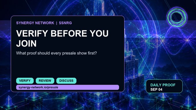 A digital promotional graphic for 'SYNERGY NETWORK | $SNRG' with the headline 'VERIFY BEFORE YOU JOIN' and a futuristic blue cityscape background featuring 'VERIFY', 'REVIEW', and 'DISCUSS' buttons.