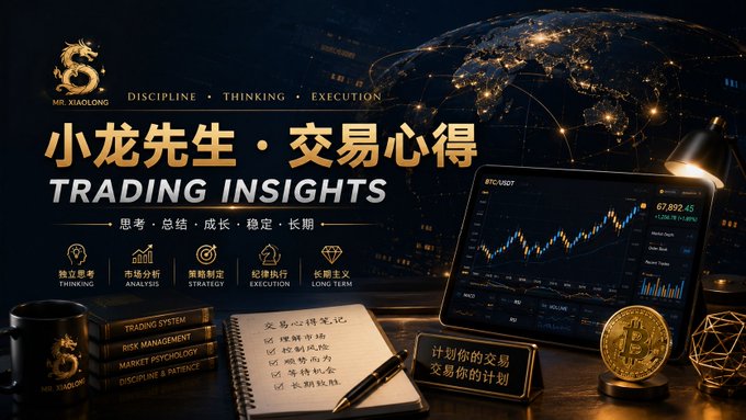 A promotional banner for 'Mr. Xiaolong Trading Insights' featuring a globe, cryptocurrency charts showing BTC/USDT at 67,892.45, and Chinese text emphasizing discipline, thinking, and execution.