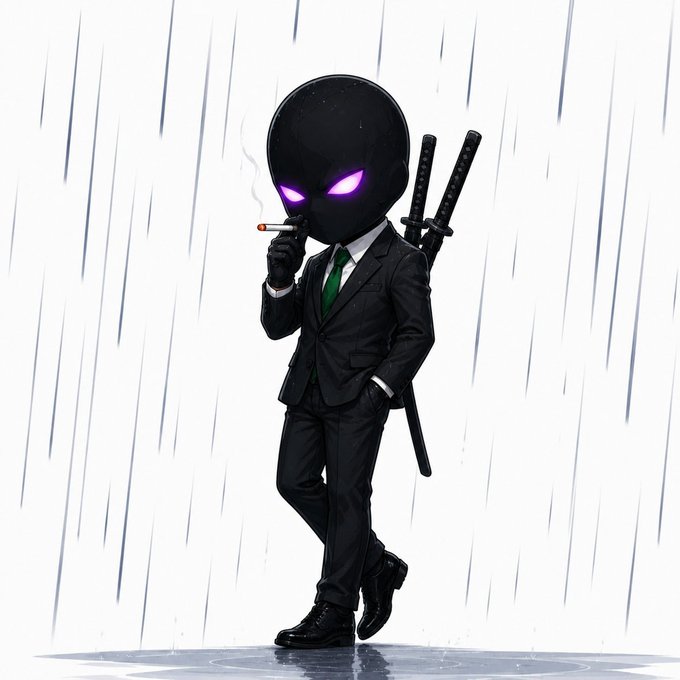 An illustration of a humanoid alien character in a black suit with glowing purple eyes, smoking a cigarette while two katanas are strapped to its back, standing in the rain.