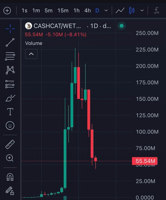 A TradingView candlestick chart displays CASHCAT/WET price action on a daily timeframe, showing the current price at 55.54M with a significant decline of -8.41% (-5.10M).