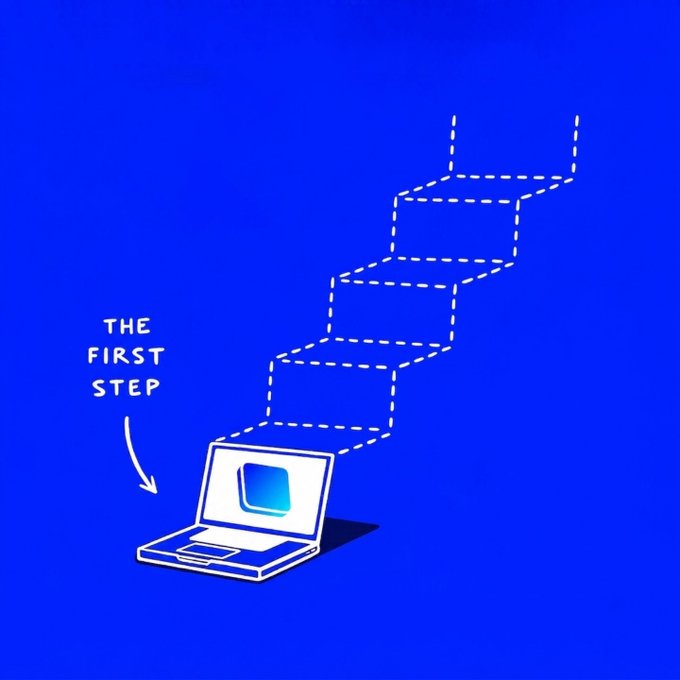 An illustration of a laptop with dashed lines ascending like a staircase, labeled 'THE FIRST STEP' on a bright blue background.