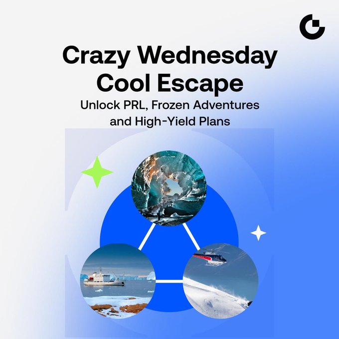 A promotional graphic titled "Crazy Wednesday Cool Escape" advertises unlocking PRL, Frozen Adventures, and High-Yield Plans, featuring a blue design with three circular images of ice formations, a polar ship, and a snowy landscape. The visual ties into the post's theme of escaping summer heat with exciting trading rewards and mystery box opportunities on Gate.