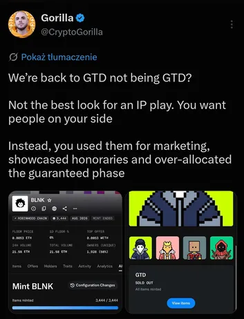 A tweet by Gorilla (@CryptoGorilla) criticizing a crypto project for not being a genuine GTD (guaranteed token distribution), showing screenshots of a BLNK token sale interface.