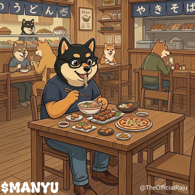 The image features a cartoon dog sitting at a dining table with food, including pizza and other dishes. There are also several other dogs present in the scene, some of which appear to be eating as well. The caption for the image reads "$MANYU utility expanding, this price floor is a gift. The chart is primed and volume is ticking up. Don'wish you had loaded your bags earlier. The next leg up is imminent! #Manyu".