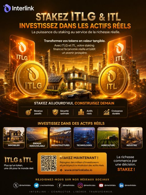 A promotional advertisement for 'Interlink' cryptocurrency staking featuring 'ITLG & ITL' tokens, offering 'Revenus passifs' and 'Sécurité optimale' across real assets like real estate, renewable energy, and infrastructure, with website 'www.interlinklabs.io'.