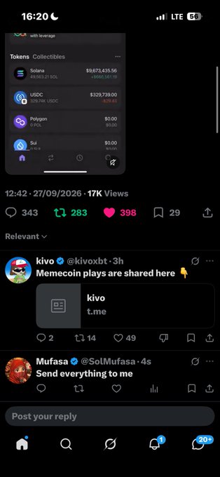 A screenshot of a Twitter feed showing crypto token values including Solana, USDC, and Polygon, with user posts from 'kivo' and 'Mufasa'.