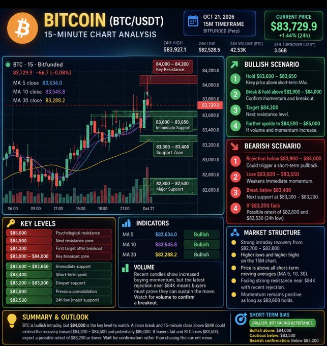 A “BITCOIN (BTC/USDT) 15-MINUTE CHART ANALYSIS” panel shows “CURRENT PRICE $83,729.9” and lists bullish and bearish scenarios, key levels, indicators, market structure, volume, summary, and short-term bias.