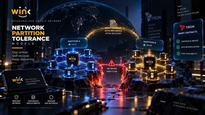 A promotional graphic for 'win - Decentralized Oracle Network' highlighting 'Network Partition Tolerance Models' with visualizations of Partition A and Partition B, and listing features like 'Continuous Service', 'Data Reconciliation', and 'High Availability' alongside Tron smart contracts.