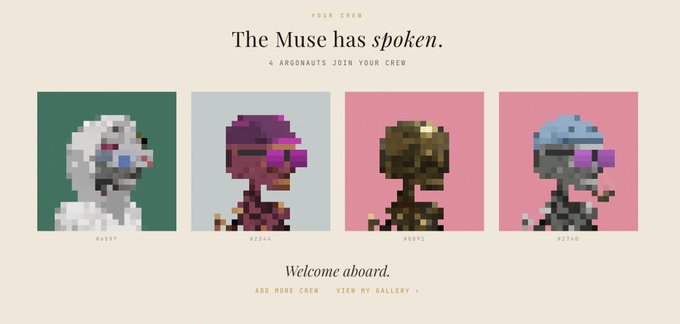 Four unique pixel-art "Argonaut" crew members are displayed in a row under the header "The Muse has spoken," each labeled with an ID number (#6597, #2346, #0691, #2750), reflecting the post announcing the claim of these four digital collectibles.