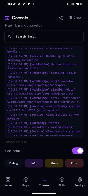A mobile app screen showing the 'Console' tab with system logs and diagnostics, displaying a list of timestamped entries related to Clawd and Nodebridge services starting up.