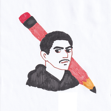 A crude hand-drawn sketch of a man with dark hair and a goatee, wearing a black shirt, with a large red and yellow pencil diagonally behind his head on a white background.