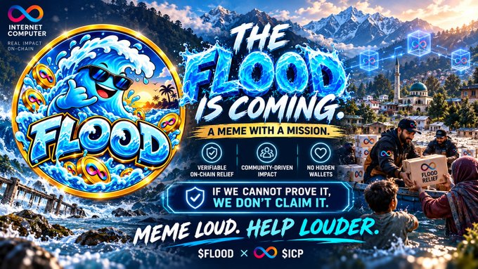 The image advertises a meme cryptocurrency called $FLOOD on the Internet Computer (ICP), featuring a cartoon wave mascot, a mountainous landscape, and relief workers distributing boxes labeled "FLOOD RELIEF." The text emphasizes community-driven impact, verifiable on-chain relief, and the tagline "Meme Loud. Help Louder," aligning with the call for users to mine and support $FLOOD before it bonds to test ICP-based community aid.