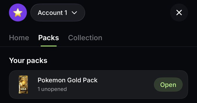 A dark-themed mobile app screen showing a Pokemon Gold Pack with one unopened pack available and an 'Open' button, under the 'Packs' tab.