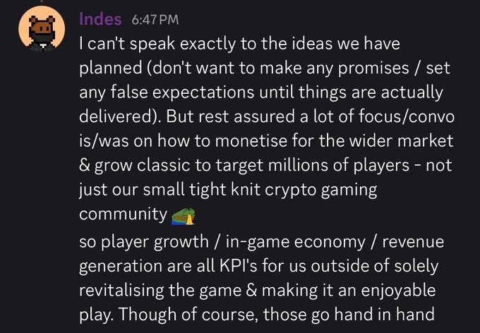 A Discord message from user 'Indes' discussing plans to monetize and grow a classic game to target millions of players, mentioning player growth, in-game economy, and revenue generation as key KPIs.