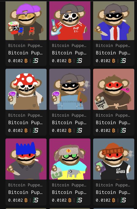 A grid of nine "Bitcoin Puppet" NFT collectibles, each priced at 0.0102 B, featuring cartoon monkey characters in various outfits.